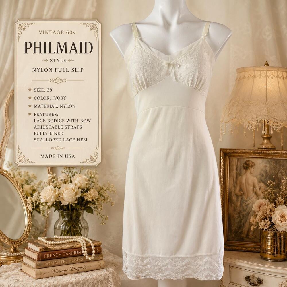 Vintage 60s Philmaid Style Nylon Full Slip Lined Scalloped Lace Hem Size 38